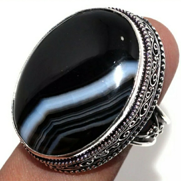 New Black Botswana Agate 925 Silver Ring. - Picture 2 of 16